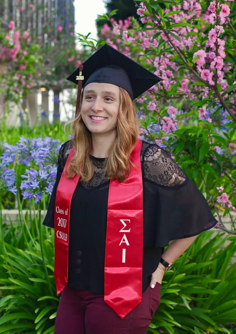 Female portrait of a graduate from Long Beach University, taken on campus in Long Beach, California.
