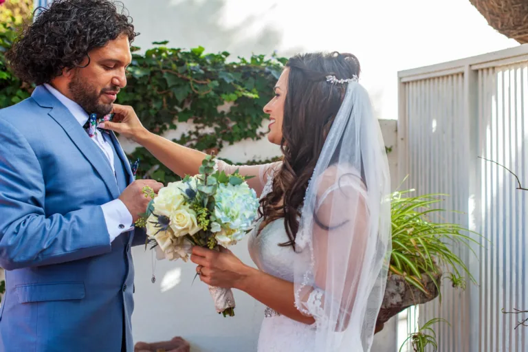 This portrait is of the bride and groom to be giving their first looks at their Malibu wedding.