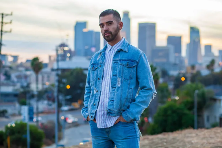 Male portrait taken at sunset in downtown Los Angeles in California.