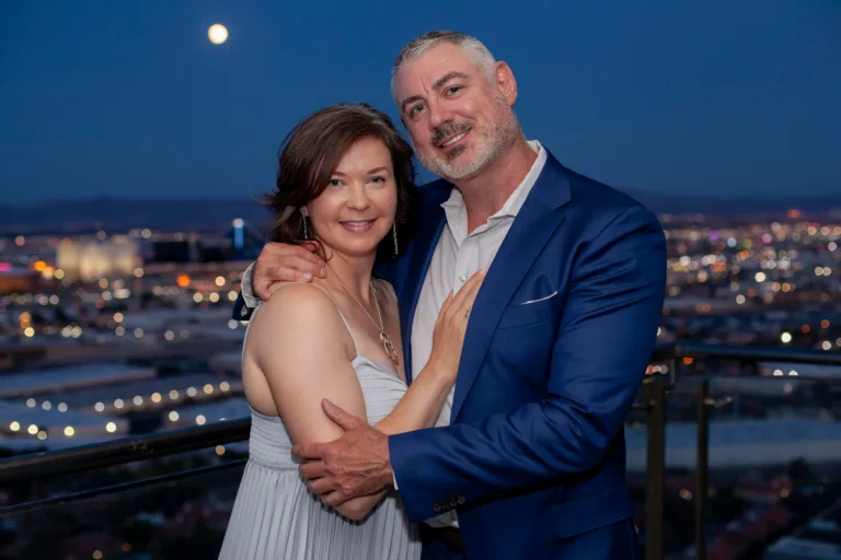Newlywed couple enjoying views of the Las Vegas Strip