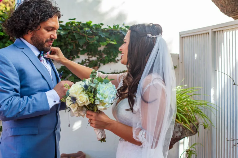 Newlywed couple sharing a first look at their Malibu wedding