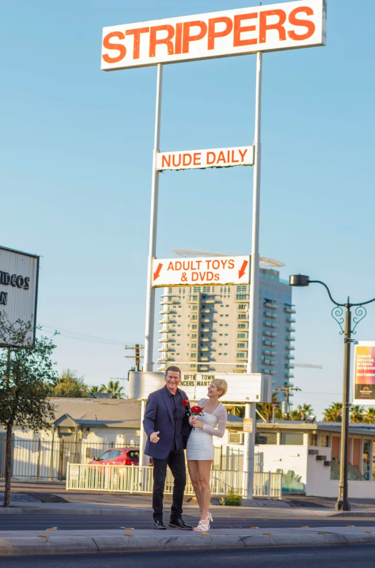 Playful newlywed portrait in Downtown Las Vegas