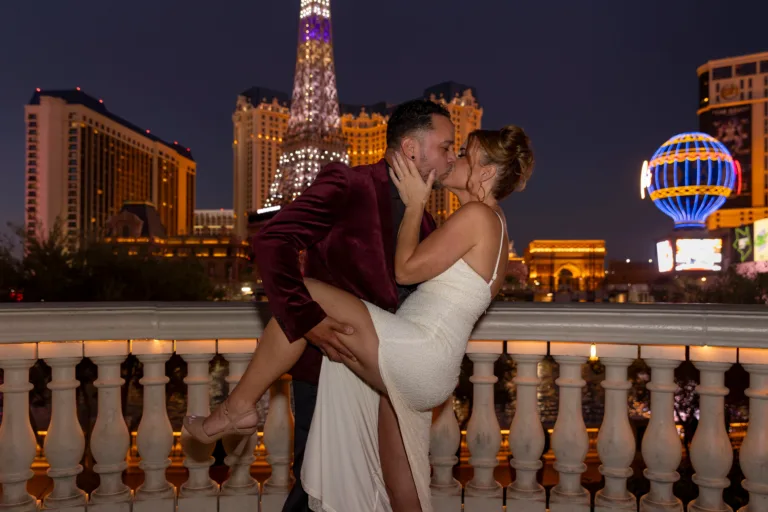 Newlywed couple celebrating on the Las Vegas Strip