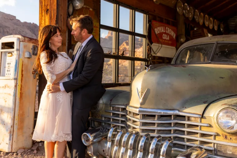 Newlywed couple posing after their wedding at Nelson Ghost Town in Nevada
